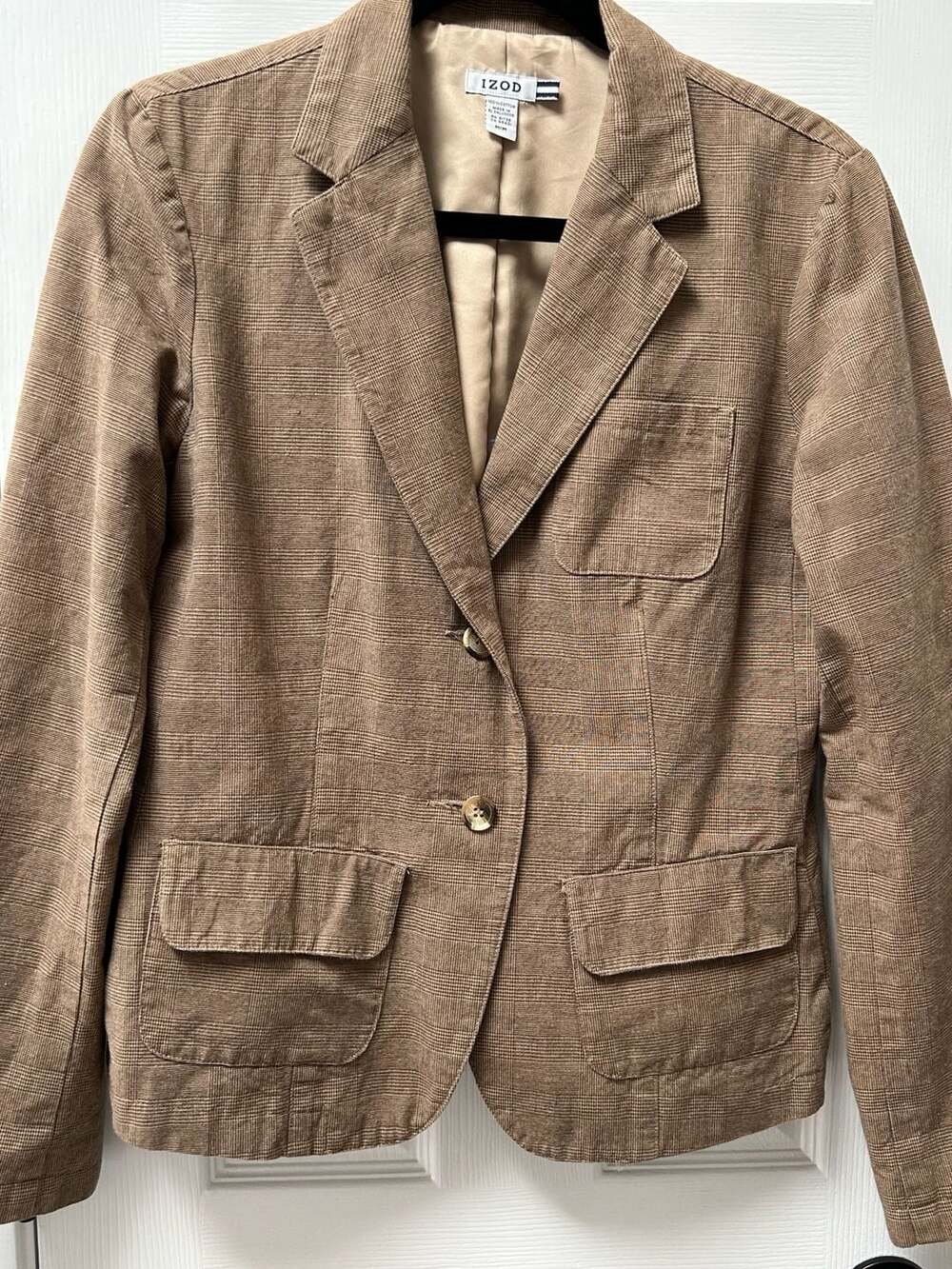 Y2K IZOD Plaid Blazer Jacket Women Brown Cotton Preppy Light Academia M
